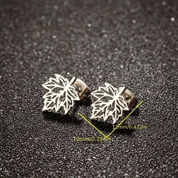 "Autumn Silver" Maple Leaf Stud Earrings - Picture 2 of 2